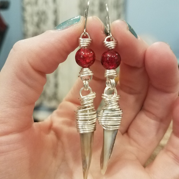 Hand Crafted Jewelry - Abalone Ruby Red Crackle Glass Tribal Earrings